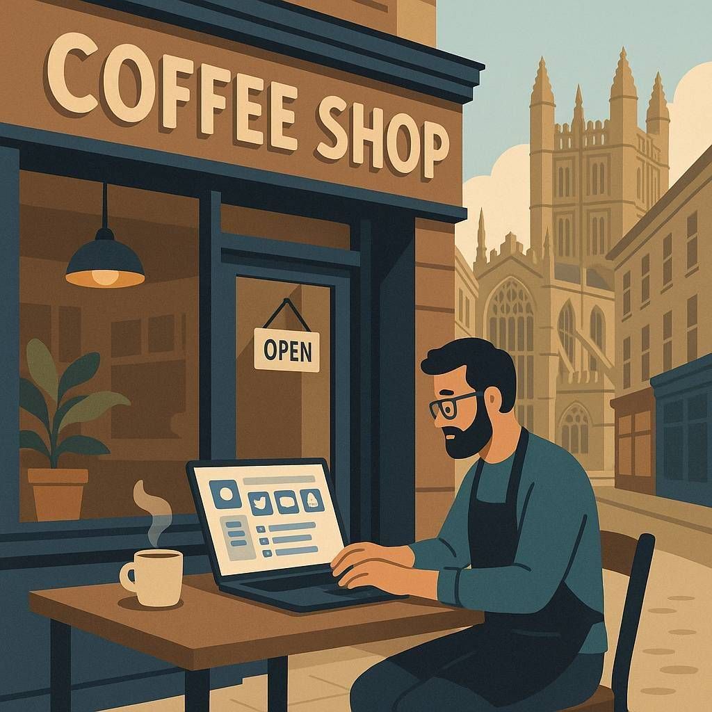 Illustration of a Bath coffee-shop owner scheduling social posts with Post Local News