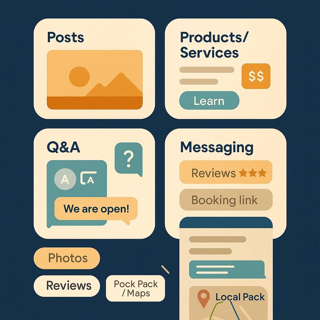Diagram: Google Business Profile at the centre feeding Local Pack, Maps and Calls/Directions with categories, posts, products, reviews